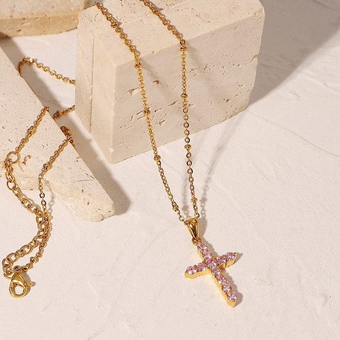 Simple 18K Gold-plated Stainless Steel  Pink Zircon Cross Pendant Necklace