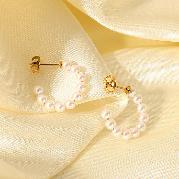 Fashion Simple Pearl C-shaped Stainless Steel Hoop Earrings