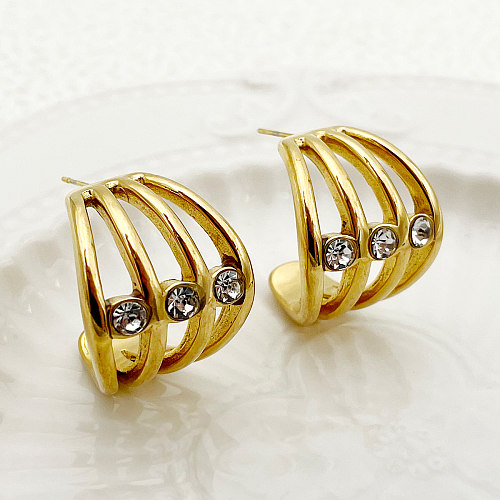 1 par de pendientes chapados en oro con diamantes de imitación de acero inoxidable de Color sólido de estilo Simple