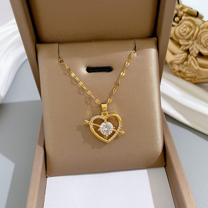 Modische Halskette mit Anhänger in Herzform, Edelstahl, Kupfer-Inlay, künstliche Edelsteine