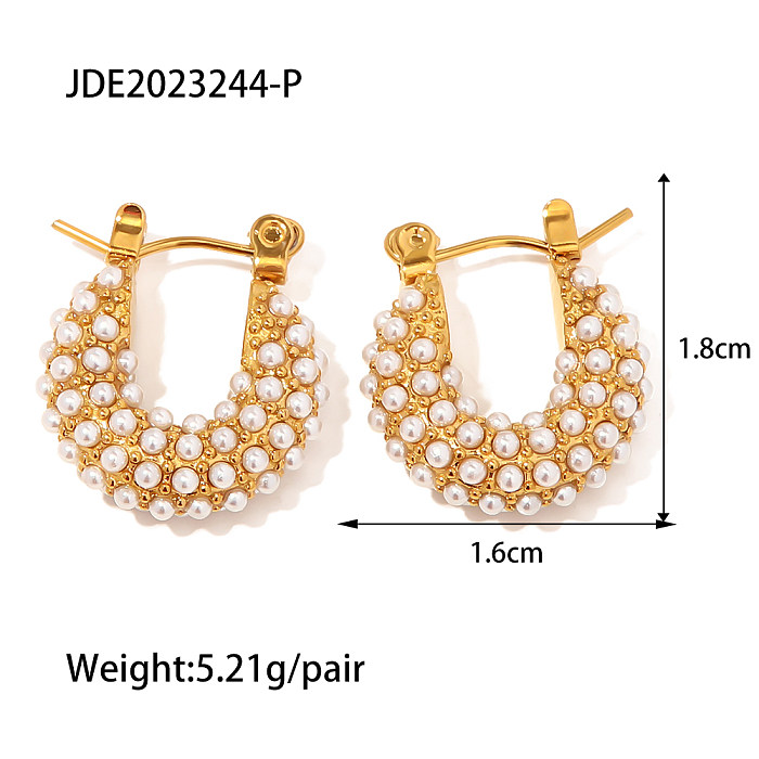Boucles d'oreilles mode géométriques en acier inoxydable, incrustation de perles artificielles, 1 paire