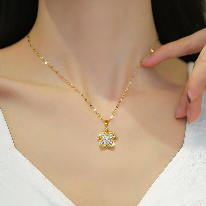 Modische Halskette mit Blumen-Anhänger aus Edelstahl und Kupfer-Inlay mit künstlichem Diamant