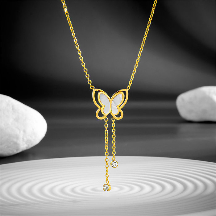 Elegant Butterfly Stainless Steel Inlay Shell Pendant Necklace