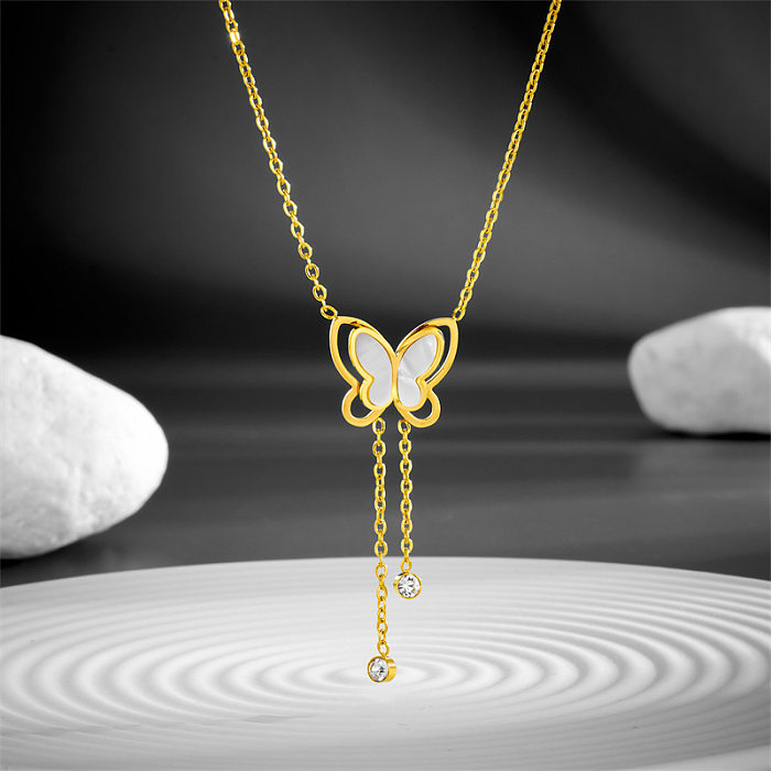 Sexy Butterfly Stainless Steel Plating Inlay Rhinestones Shell 18K Gold Plated Necklace