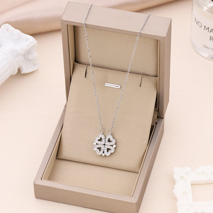 Elegant Lady Four Leaf Clover Heart Shape Stainless Steel Inlay Zircon Pendant Necklace