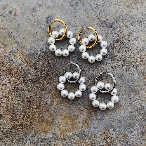 Retro Pearl Shell Beads Circle Cute Cotton Ear Buckle Stainless Steel Plated 18K Earrings