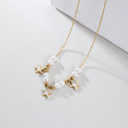 Elegant Star Pearl Stainless Steel  Plastic Beaded Plating 18K Gold Plated Pendant Necklace