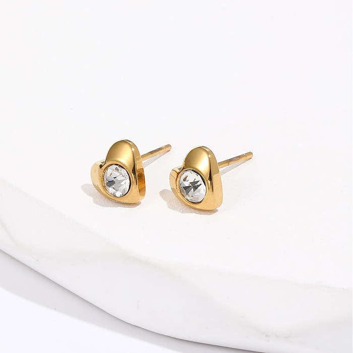 Simple Style Hexagon Heart Shape Spiral Stripe Steel Ear Studs Plating Zircon Stainless Steel  Earrings