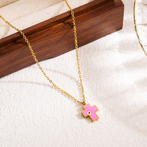 Modern Style Cross Eye Stainless Steel  Enamel Three-dimensional 18K Gold Plated Pendant Necklace