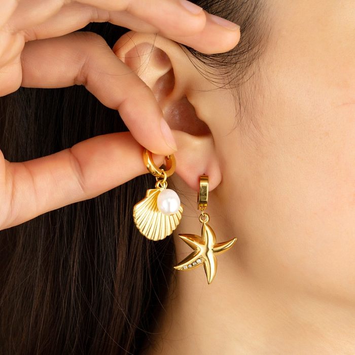 1 Paar lässige Ohrringe mit Seestern-Muschelbeschichtung und Inlay aus Edelstahl mit Zirkon und vergoldet