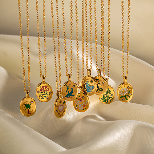 Ins estilo coqueiro flor borboleta aço inoxidável esmalte chapeamento incrustação strass 18k colar pingente banhado a ouro