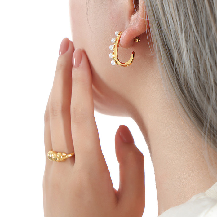 Boucles d'oreilles en acier inoxydable, 1 paire, incrustation géométrique de Style Baroque élégant, perles artificielles en Zircon plaqué or 18 carats