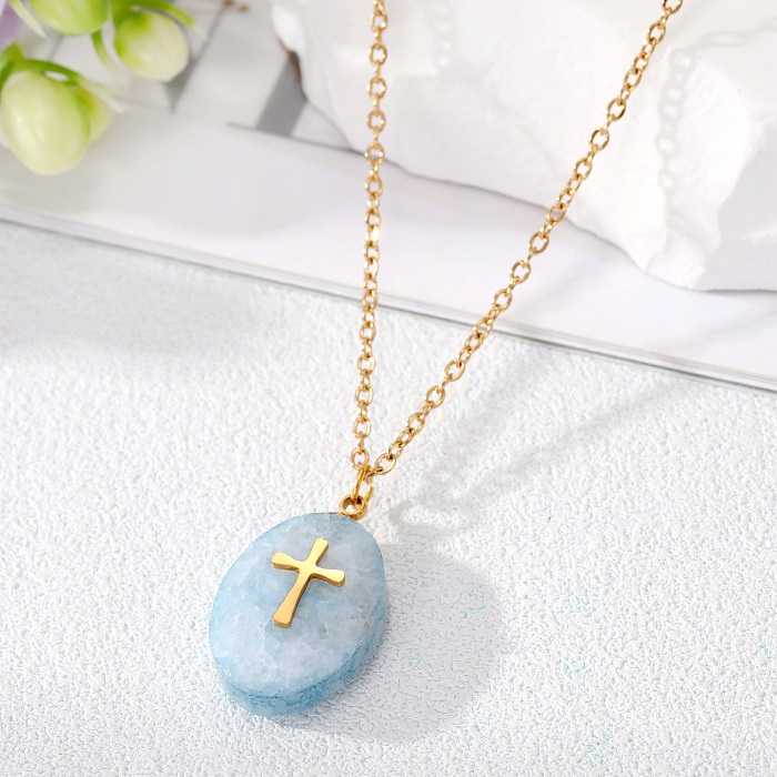Simple Style Cross Water Droplets Lightning Stainless Steel  Pendant Necklace Plating Natural Stone Stainless Steel  Necklaces 1 Piece