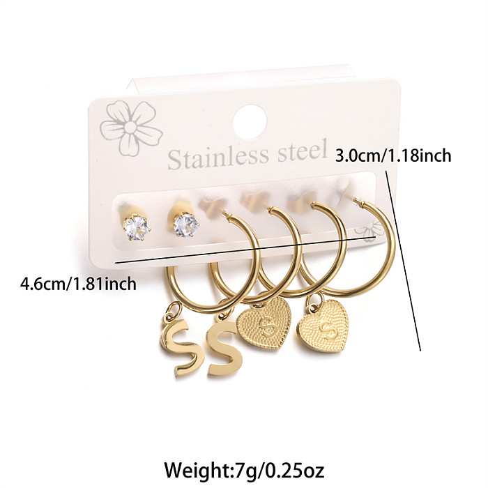 3 Pairs Simple Style Letter Asymmetrical Stainless Steel  Zircon 18K Gold Plated Drop Earrings