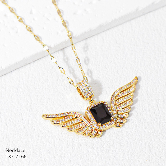 Retro Classic Style Eye Wings Stainless Steel  Plating Inlay Rhinestones Zircon Gold Plated Necklace