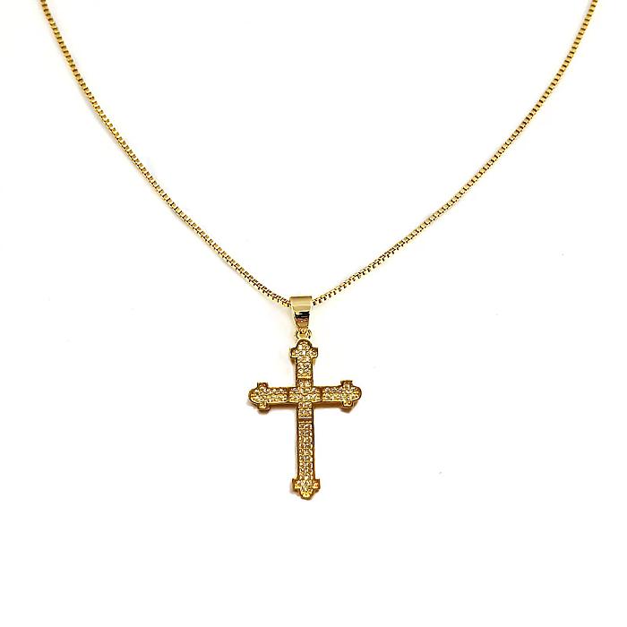 Wholesale Retro Cross Stainless Steel  Copper 18K Gold Plated Zircon Pendant Necklace