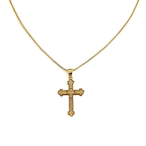 Collier avec pendentif en forme de croix rétro, en acier inoxydable, cuivre, plaqué or 18 carats, Zircon, vente en gros