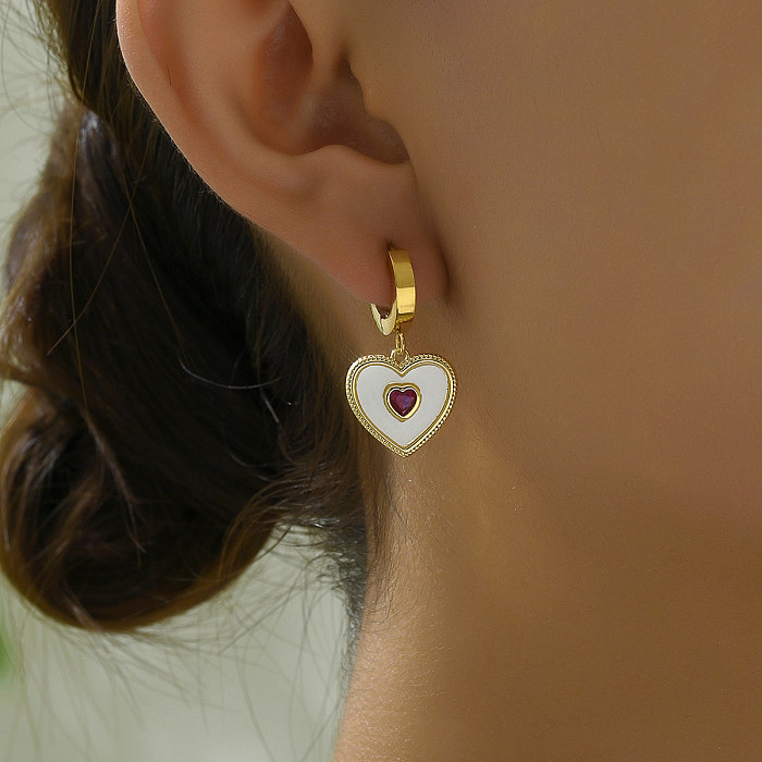 1 paire de boucles d'oreilles décontractées en forme de cœur, Style français, incrustation en acier inoxydable, coquille plaquée or 18 carats