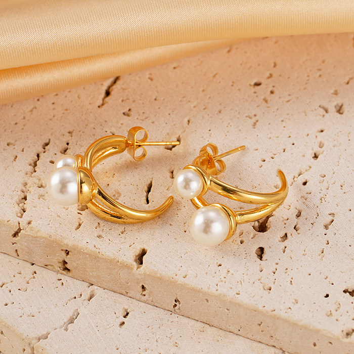 1 par de pendientes chapados en forma de C de estilo Simple de vacaciones con incrustaciones de acero inoxidable con perlas artificiales chapadas en oro