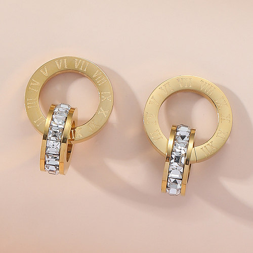 1 par de pendientes chapados en oro de 18 quilates con incrustaciones de diamantes de imitación chapados en acero inoxidable con número circular de estilo Simple