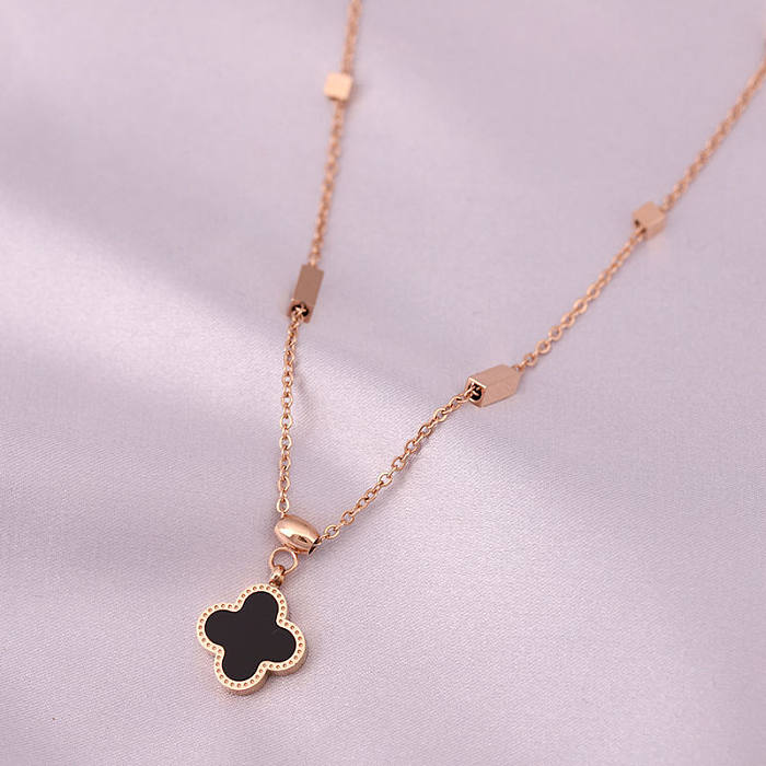 Simple Style Four Leaf Clover Stainless Steel Inlay Shell Necklace