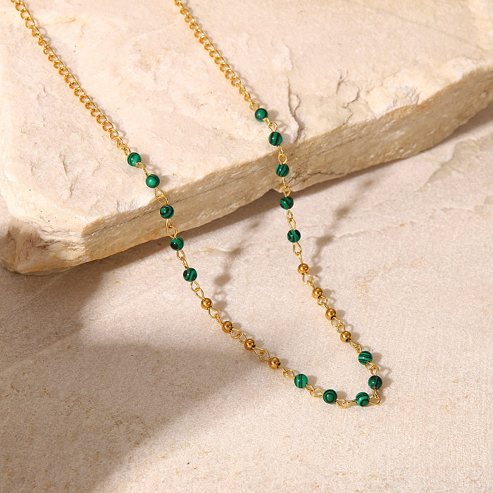 Moda 18K ouro aço inoxidável verde pavão pedra contas colar feminino
