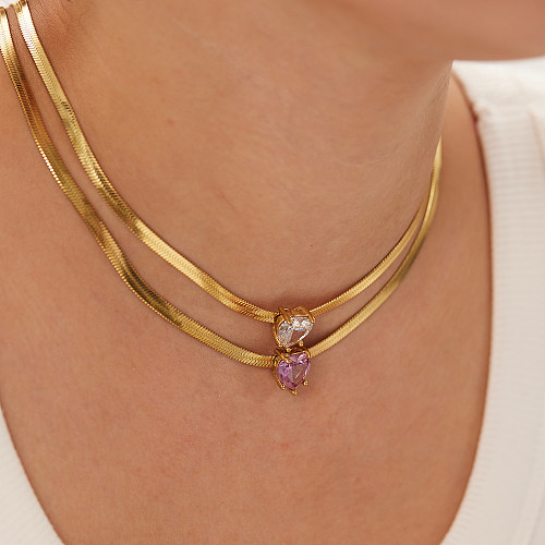 1 Uds. Cadena colgante de circón con incrustaciones en forma de corazón de oro de 18K chapada en acero inoxidable como collar plano de serpiente para mujer