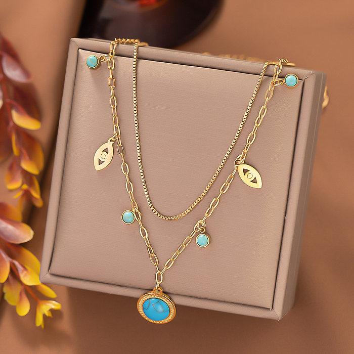 Casual Retro Round Devil'S Eye Stainless Steel Plating Hollow Out Inlay Turquoise Layered Necklaces