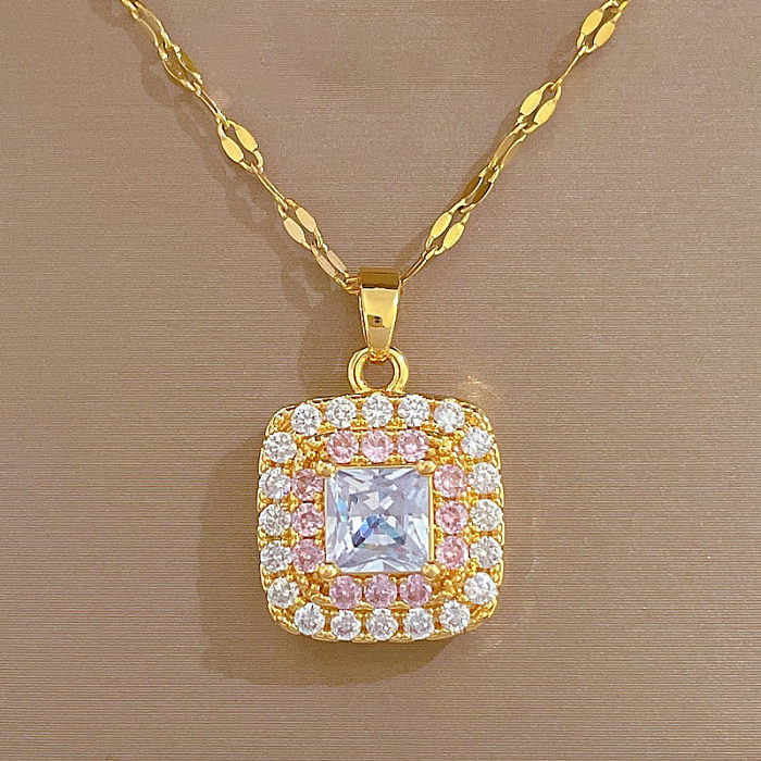 Sweet Square Stainless Steel Copper Plating Inlay Artificial Diamond Pendant Necklace