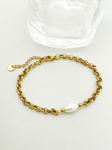 Französischer Stil, einfacher Stil, unregelmäßige Armbänder aus Edelstahl mit Nachahmung von Perlen, Patchwork-Beschichtung, 14 Karat vergoldet