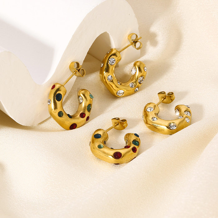 1 Pair Casual Classic Style C Shape Plating Inlay Stainless Steel  Rhinestones 18K Gold Plated Ear Studs