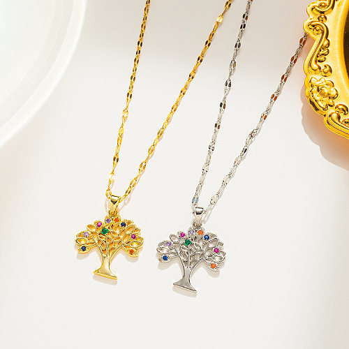 Simple Style Tree Stainless Steel Inlay Rhinestones Pendant Necklace