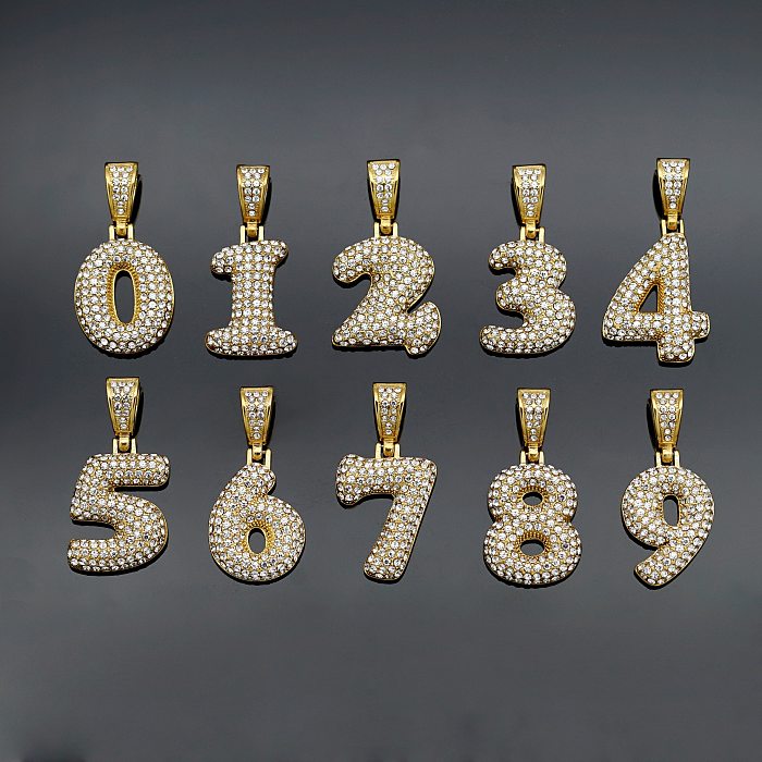Collier à breloques en diamant artificiel, numéro de base, placage en acier inoxydable, incrustation