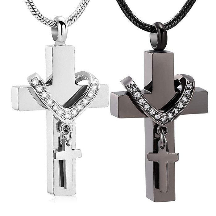 Streetwear Cross Heart Shape Stainless Steel Polishing Inlay Artificial Diamond Pendant Necklace