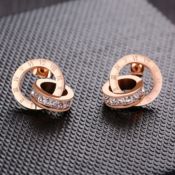 Boucles d'oreilles pendantes en acier inoxydable, 1 paire, Style Simple, incrustation de chiffres, strass, plaqué or Rose