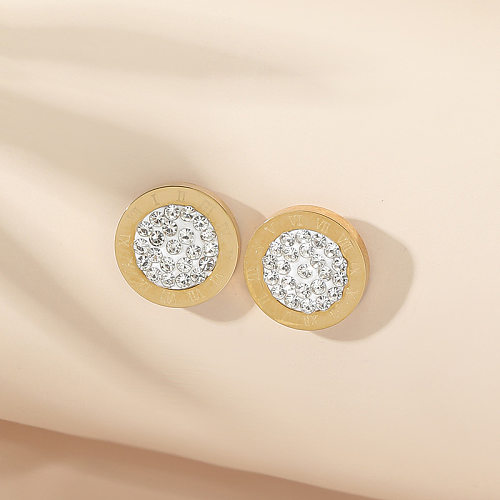 1 paire de clous d'oreilles en acier inoxydable et Zircon pour femme élégante, incrustation ronde