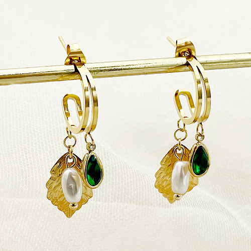 1 par de pendientes colgantes chapados en oro con gemas de acero inoxidable con incrustaciones de perlas y hojas dulces elegantes