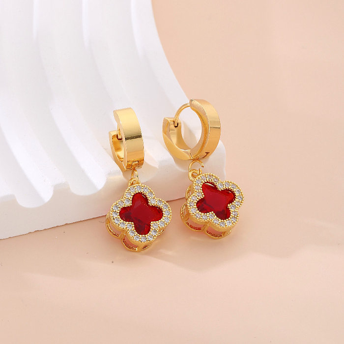 1 Pair Sweet Four Leaf Clover Square Plating Inlay Stainless Steel  Zircon Earrings