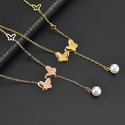INS Style Sweet Butterfly Stainless Steel Plating Hollow Out Inlay Pearl Pendant Necklace