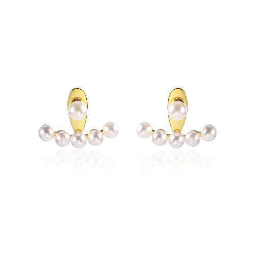 Boucles d'oreilles à six perles en forme d'éventail de style de célébrité d'Internet de mode européenne et américaine en acier inoxydable simples boucles d'oreilles avant et arrière plaquées or 18 carats pour femmes