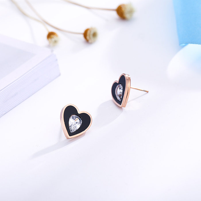 Boucles d'oreilles rondes en forme d'étoile et de cœur, Style Simple, incrustation en acier inoxydable, Zircon, 1 paire
