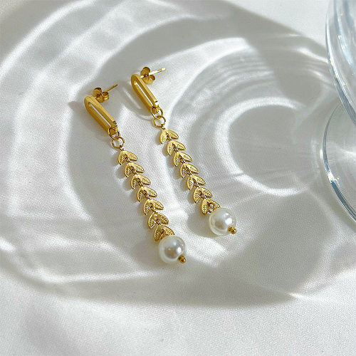 Elegante Blattohrringe aus Edelstahl mit Überzug aus Edelstahl mit künstlichen Perlen