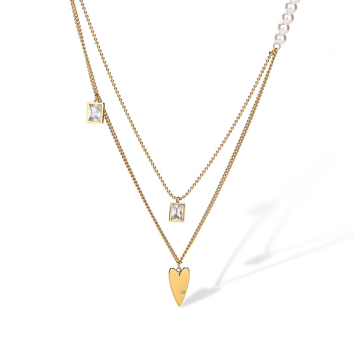 Basic Simple Style Streetwear Geometric Heart Shape Stainless Steel Plating Inlay Zircon 18K Gold Plated Pendant Necklace
