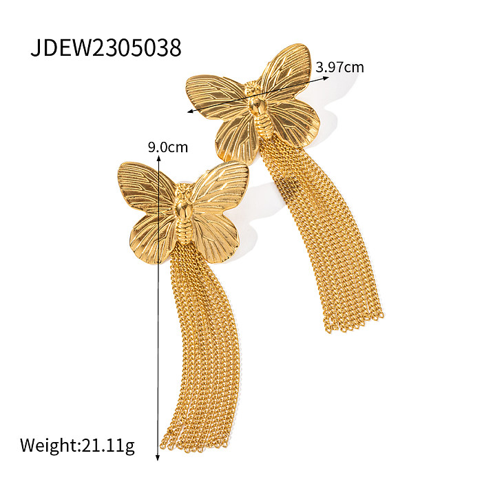 1 paire de boucles d'oreilles pendantes en acier inoxydable plaqué or 18 carats, style rétro et moderne, avec pampilles et papillons