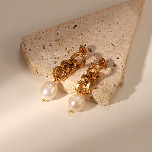 Nouveau Boucles d'oreilles géométriques en acier inoxydable plaqué or 18K avec perles baroques