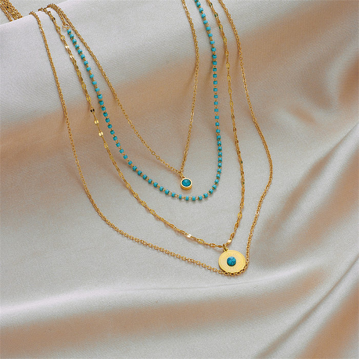 Colliers superposés décontractés rétro ronds en acier inoxydable avec incrustation de perles turquoise plaqué or 18 carats