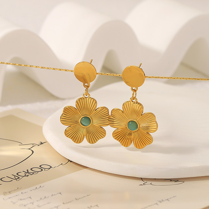 1 Pair Vintage Style Flower Plating Inlay Stainless Steel  Natural Stone 18K Gold Plated Drop Earrings