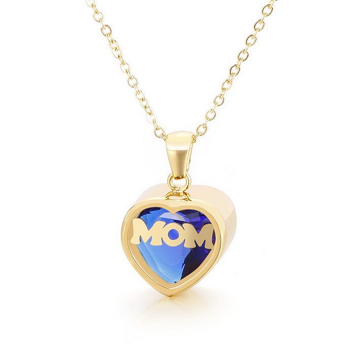 1 Piece MAMA Simple Style Heart Shape Stainless Steel Inlay Birthstone Zircon Pendant Necklace