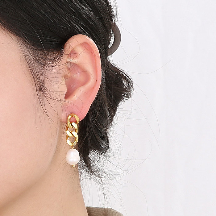 1 Paar moderne, schlichte Ketten-Ohrringe aus Edelstahl mit 18-Karat-Vergoldung