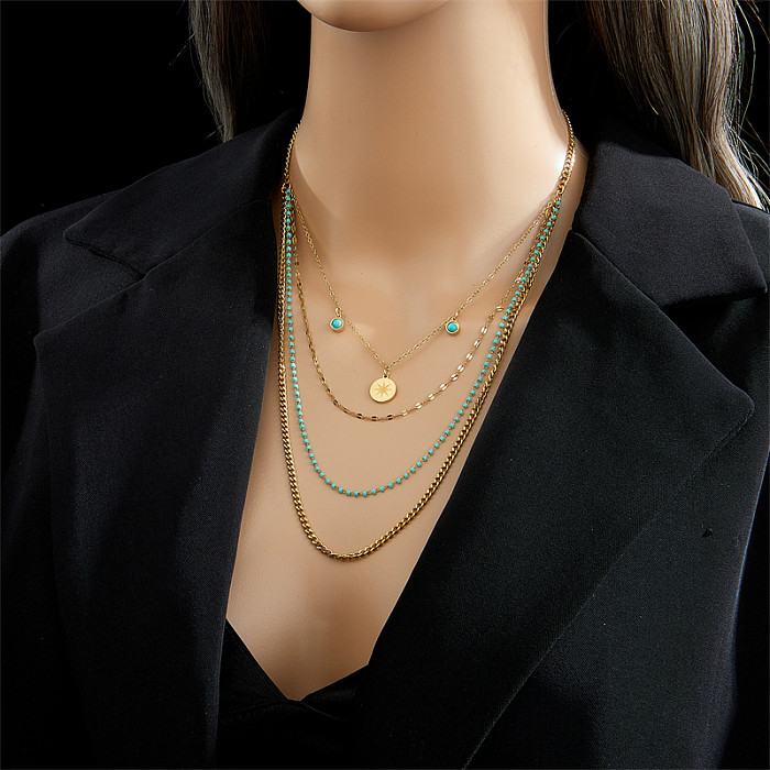 Runde Retro-Halsketten aus Edelstahl mit Perlen, vergoldetem Inlay und türkisfarbenen Lagen, 1 Stück